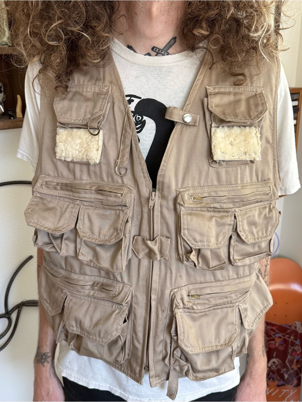 Vintage 80s Tan Boxy Tactical Fishing Vest ~ Size Large